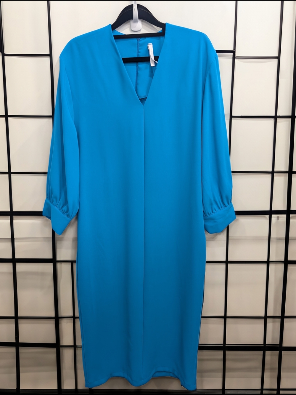Vibrant Turquoise V-Neck Long Sleeve Shift Dress - Women's